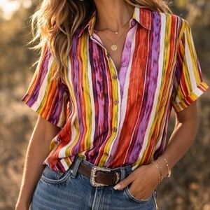 Stunt 100% Silk Striped Blouse L Colorful Button Front Boho Resort Statement Top